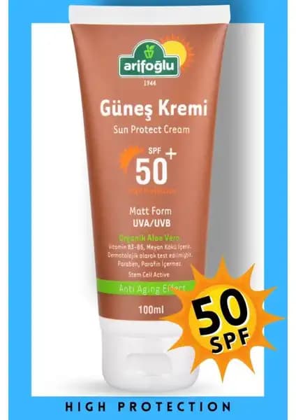 Arifoğlu Güneş Kremi 50+ Organik Aloe Veralı Anti-Aging Güçlü Koruma ve Doğal İçerik