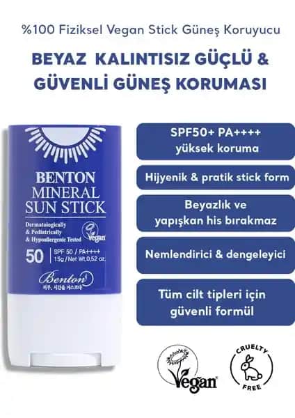 Benton Mineral Sun Stick SPF50 PA++++ Güçlü ve Hassas Ciltler İçin Doğal Koruma