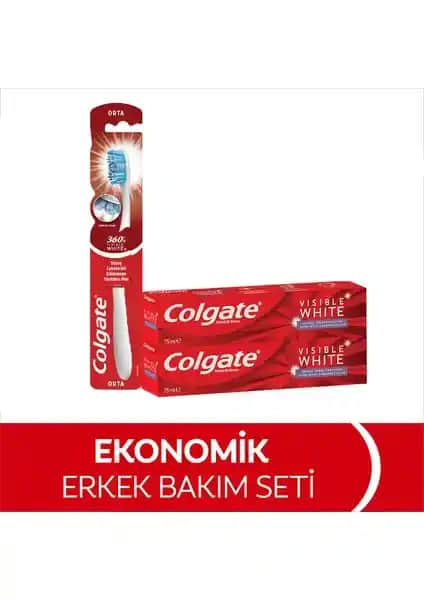 Colgate Visible White Maksimum Beyazlık Diş Macunu ve 360 Orta Diş Fırçası ile Sağlıklı ve Parlak Gülüş