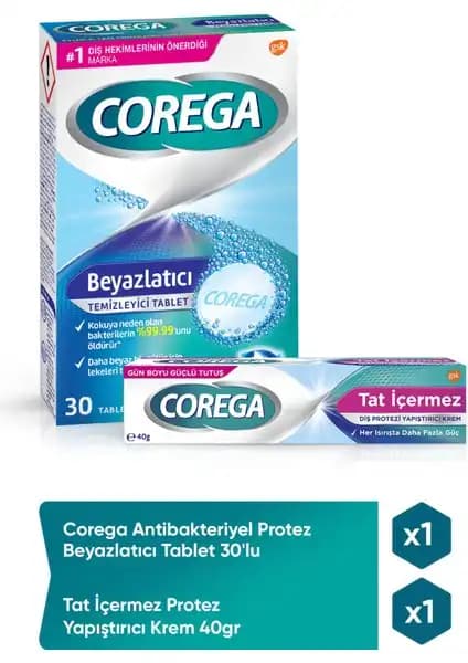 Corega Protez Bakım Seti: Antibakteriyel Tabletler ve Tat İçermeyen Yapıştırıcı Kremi