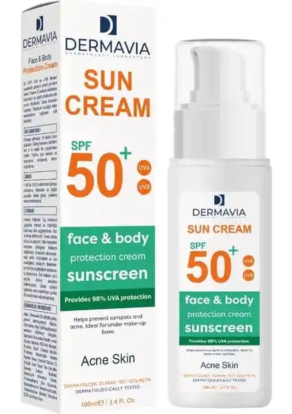Dermavia SPF+50 Güneş Koruyucu Yüz ve Vücut Kremi Akne Eğilimli ve Yağlı Ciltler İçin