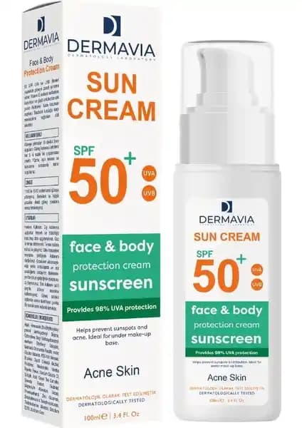 Dermavia SPF+50 Güneş Koruyucu Yüz ve Vücut Kremi Akne Eğilimli ve Yağlı Ciltler İçin