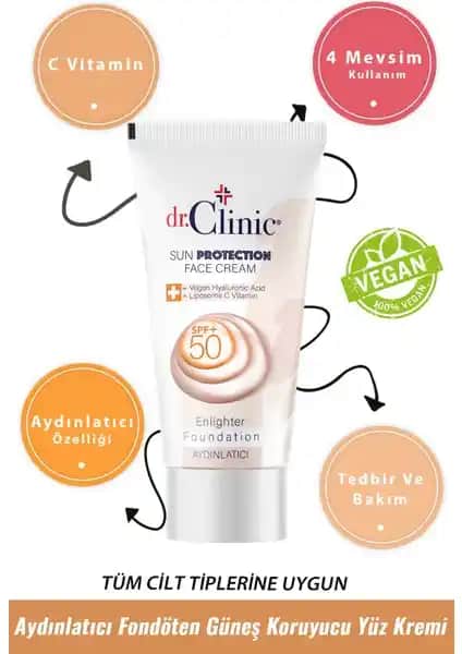 Dr. Clinic Aydınlatıcı Fondöten Güneş Koruyucu Yüz Kremi SPF 50 ile Cilt Koruma ve Parlaklık