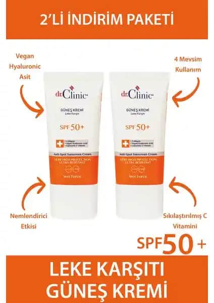 Dr. Clinic Güneş Koruyucu Krem Leke Karşıtı 50+ 2’li 40 ml, Yüksek Koruma ve Cilt Eşitleme Özelliği