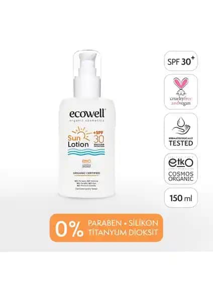Ecowell Güneş Losyonu: Organik ve Vegan Sertifikalı SPF30 Güneş Koruyucu Ürün