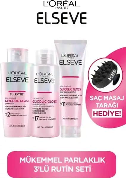 Elseve Glycolic Gloss Mükemmel Parlaklık 3'lü Saç Bakım Seti Normal Saçlar İçin Parlaklık ve Sağlık Sağlar