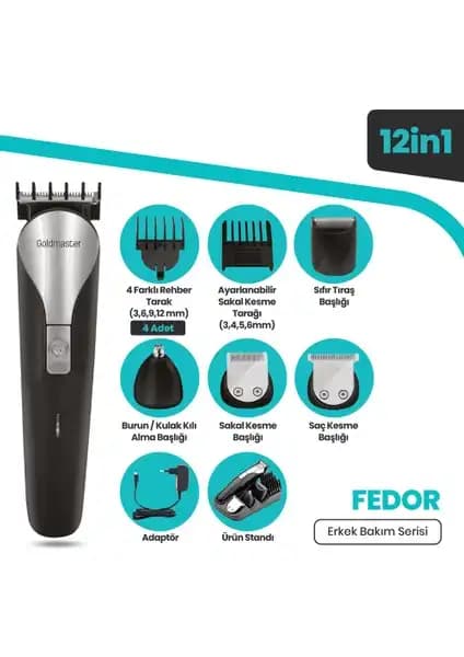 Goldmaster Fedor Erkek Bakım Seti 12'li Çok Fonksiyonlu Kablosuz Tıraş Cihazı
