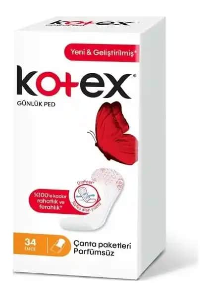 Kotex Günlük Parfümsüz Pedler 34 Adet İnce ve Konforlu Günlük Hijyen Ürünü