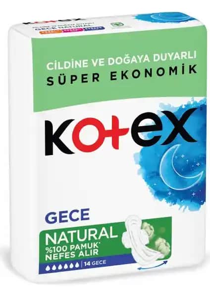 Kotex Natural Hijyenik Ped Pamuk Gece 14’lü – Günlük ve Gece Kullanımı İçin Güvenli Pedler
