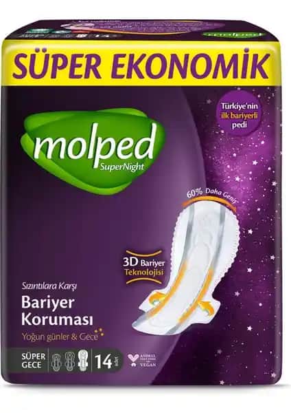 Molped Supernight 14'lü hijyenik pedler gece güvenliği ve konforu sağlar