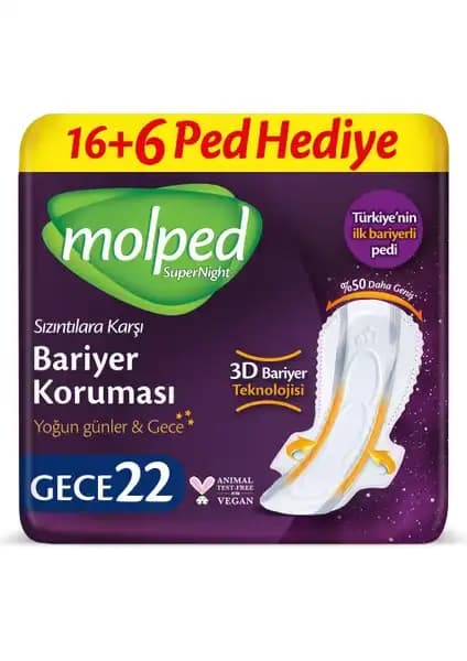 Molped Supernight Gece Kadın Pedi 22'li Paket Güvenli ve Konforlu Koruma Sağlar