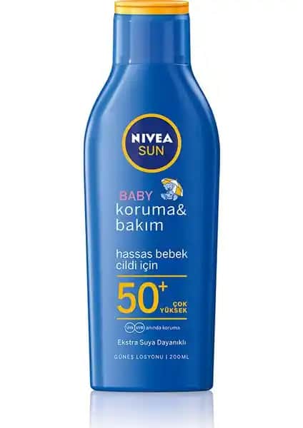 Nivea Sun Bebek Bakım Yapan Güneş Losyonu SPF 50+ güvenilir ve hassas ciltler için uygun güneş koruyucu