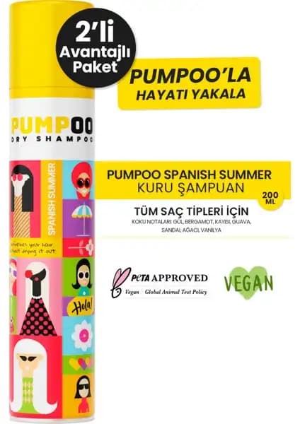 Pumpoo Kuru Şampuan Spanish Summer 200 ml x 2 Adet - Kolay ve Hızlı Saç Temizliği İçin