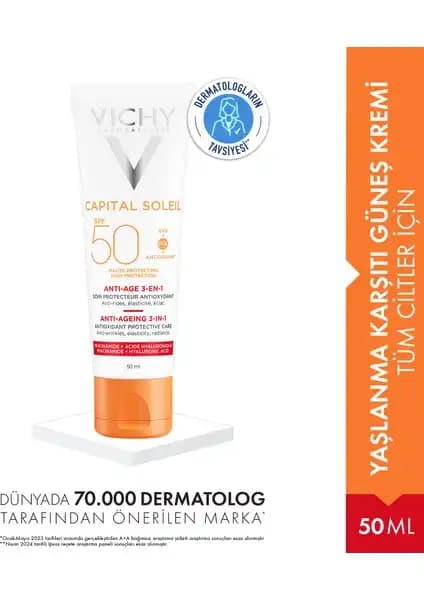 Vichy Capital Idéal Soleil Yaşlanma Karşıtı Renkli Yüz Güneş Kremi SPF 50+ Güçlü Koruma ve Güzellik