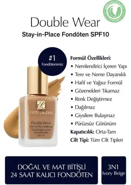 Estée Lauder Double Wear Fondöten SPF 10 ile doğal ve mat görünüm sağlayan uzun ömürlü makyaj ürünü