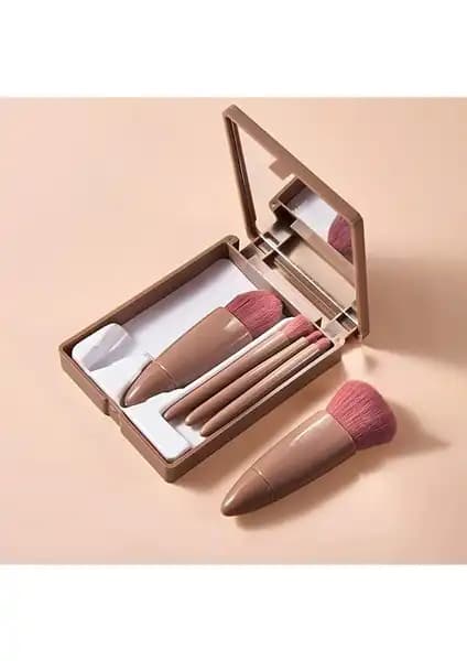 Gold Beauty Taşınabilir Aynalı 5'li Makyaj Fırça Seti Profesyonel ve Şık Tasarım
