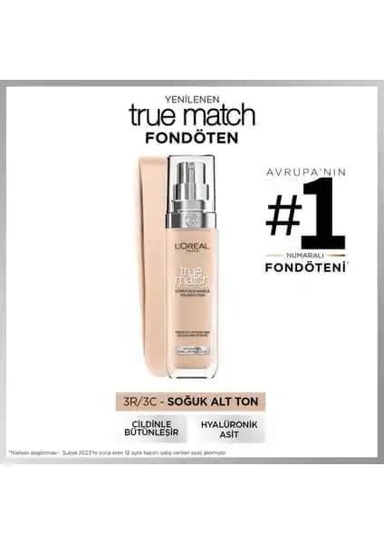 L'Oréal Paris True Match Bakım Yapan Fondöten 3C Soğuk Alt Ton ile doğal görünüm
