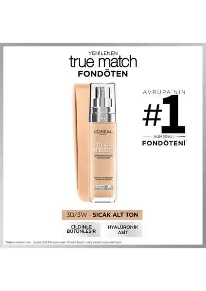 L'Oréal Paris True Match Bakım Yapan Fondöten 3W Sıcak Alt Tonu Günlük Kullanım İçin Uygun