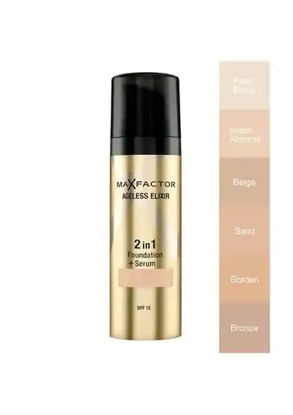 Max Factor Ageless Elixir 2'si 1 Arada Fondöten ve Serum 55 Beige ile Doğal ve Parlak Cilt Sağlayan Yenilikçi Ürün