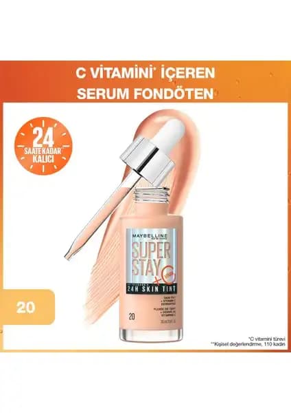 Maybelline Super Stay Skin Tint Fondöten 20 ile Doğal ve Parlak Cilt İçin Günlük Kullanım