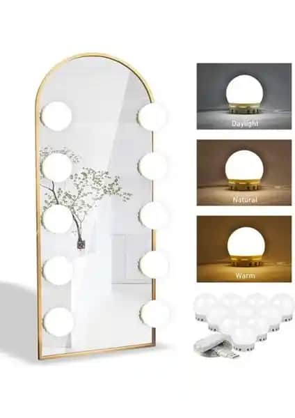 Nissha Nostalji Hollywood Tarzı 10'lu LED Makyaj Aynası Beyaz Işık USB ile Kullanım