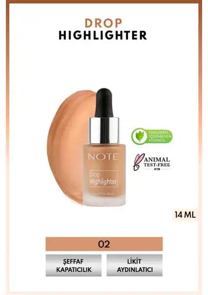 Note Cosmetics Drop Highlighter 02 Charming Desert doğal ve ışıltılı görünüm sağlayan likit aydınlatıcı