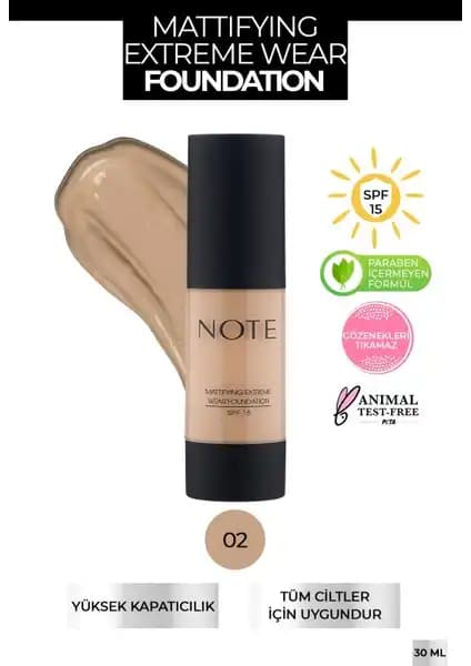 Note Cosmetics Mattifying Extreme Wear SPF 15 Yoğun Kapatıcı Mat Fondöten 02 Natural Beige