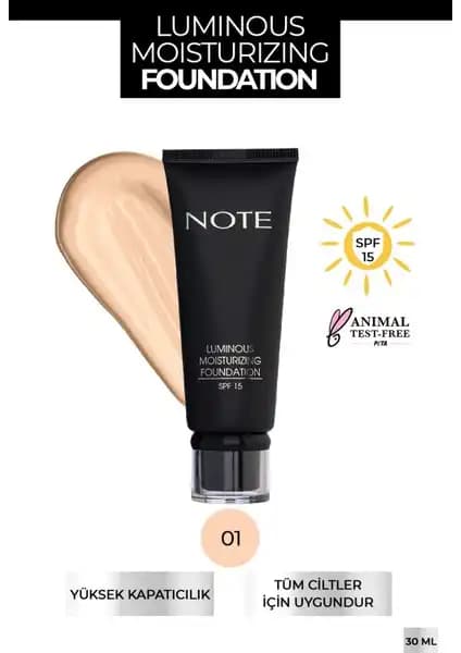 Note Luminous Moisturizing Fondöten 01 Beige: Kuru Ciltler İçin Nemlendirici ve Doğal Görünüm Sağlayan Ürün