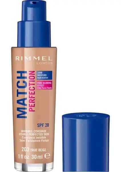 Rimmel London Match Perfection Fondöten 203 True Beige Doğal ve Kalıcı Cilt Görünümü İçin