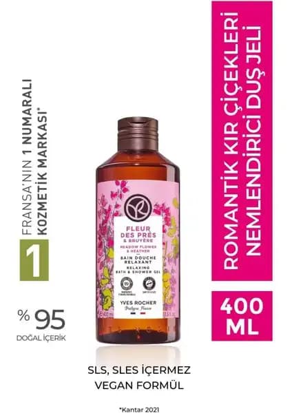 Yves Rocher Nemlendirici Duş Jeli Romantik Kır Çiçekleri 400 ml, Doğal Temizlik ve Nem Dengesi Sağlar