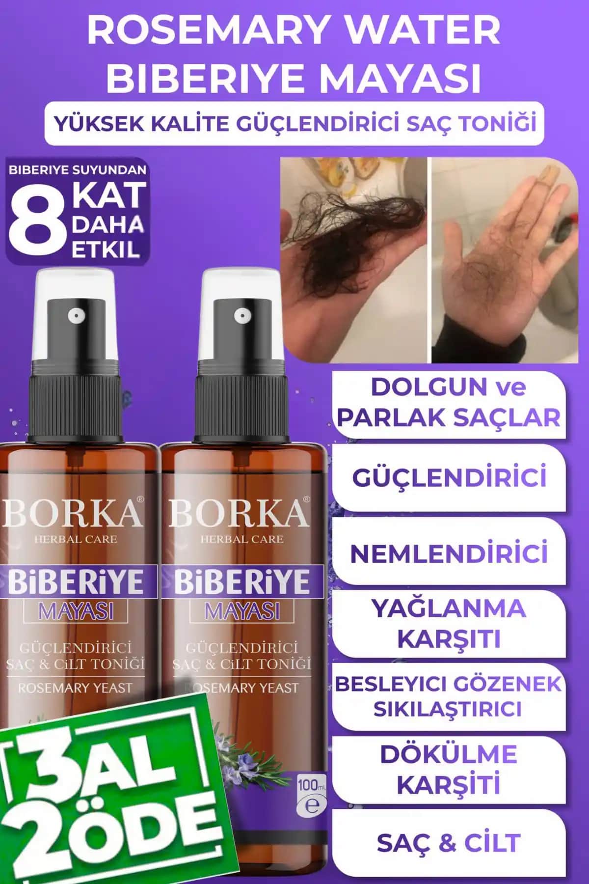 BORKA Biberiye Mayası Suyu ve Yağı ile Doğal Saç Güçlendirme ve Dökülme Önleme