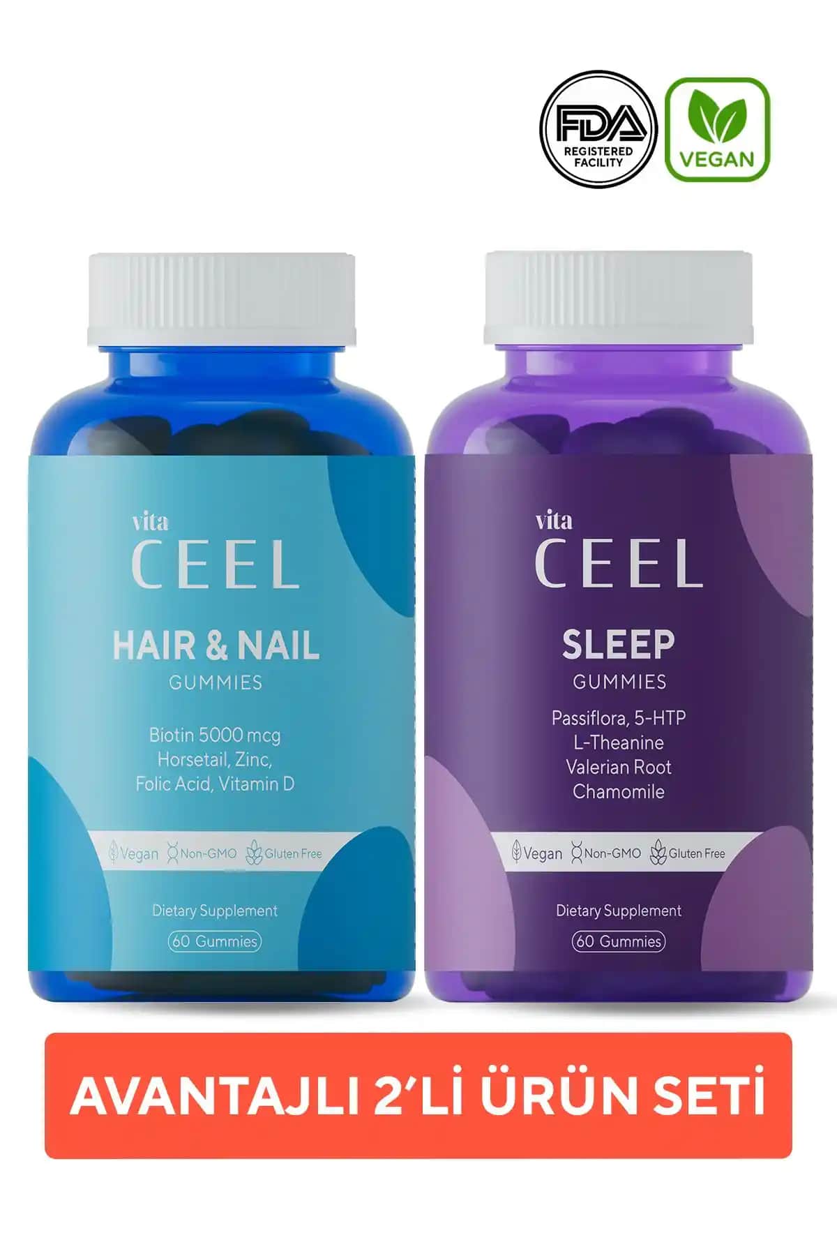 Vita Ceel 2'li Gummy Vitaminler Saç, Tırnak ve Uyku Destekleyici Takviye Ürünleri