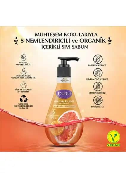 Duru Mandalina ve Greyfurt İçerikli Sıvı Sabun Doğal ve Nemlendirici Temizlik Ürünü