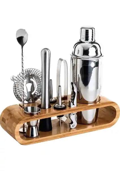 Kaleşi 10 Parça 750ML Kokteyl Shaker Seti ve Şık Bambu Stand ile Profesyonel Bar Deneyimi