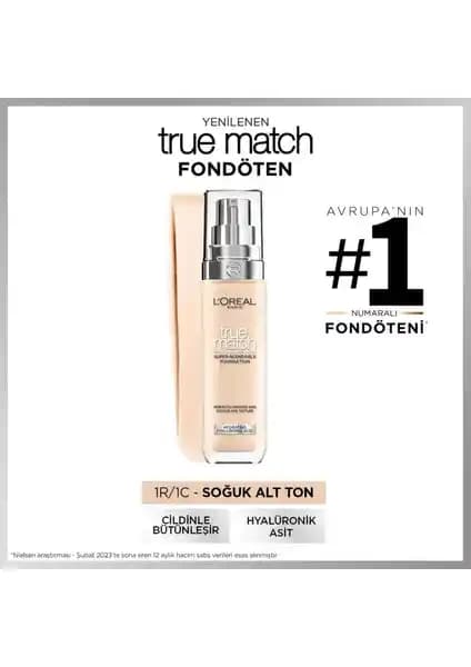 L'Oréal Paris True Match Bakım Yapan Fondöten 1C Soğuk Alt Ton ile doğal görünüm sağlar