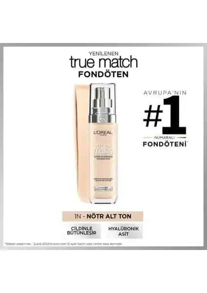 L'Oréal Paris True Match Bakım Yapan Fondöten 1N Nötr Alt Ton doğal ve parlak görünüm sağlar