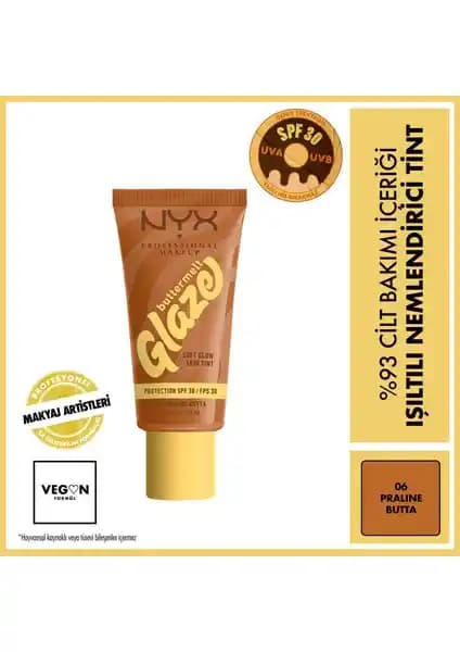 NYX Buttermelt Glaze Işıltılı Nemlendirici Tint 06 Praline Butta - Doğal Işıltı ve Nemlendirme Sağlayan Makyaj Ürünü