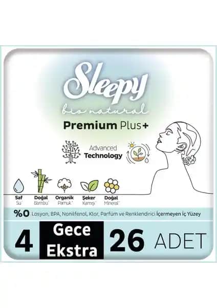 Sleepy Bio Natural Premium Plus Hijyenik Ped Gece Kullanımı İçin Uzun Süreli Koruma Sunar