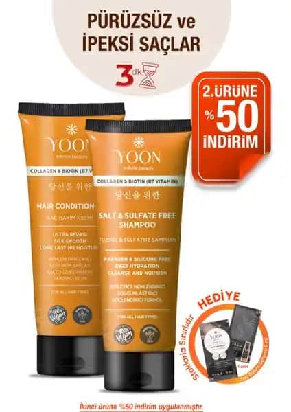 Yoon Vegan Tuzsuz Şampuan ve Saç Bakım Kremi Seti ile Doğal ve Güçlü Saçlar