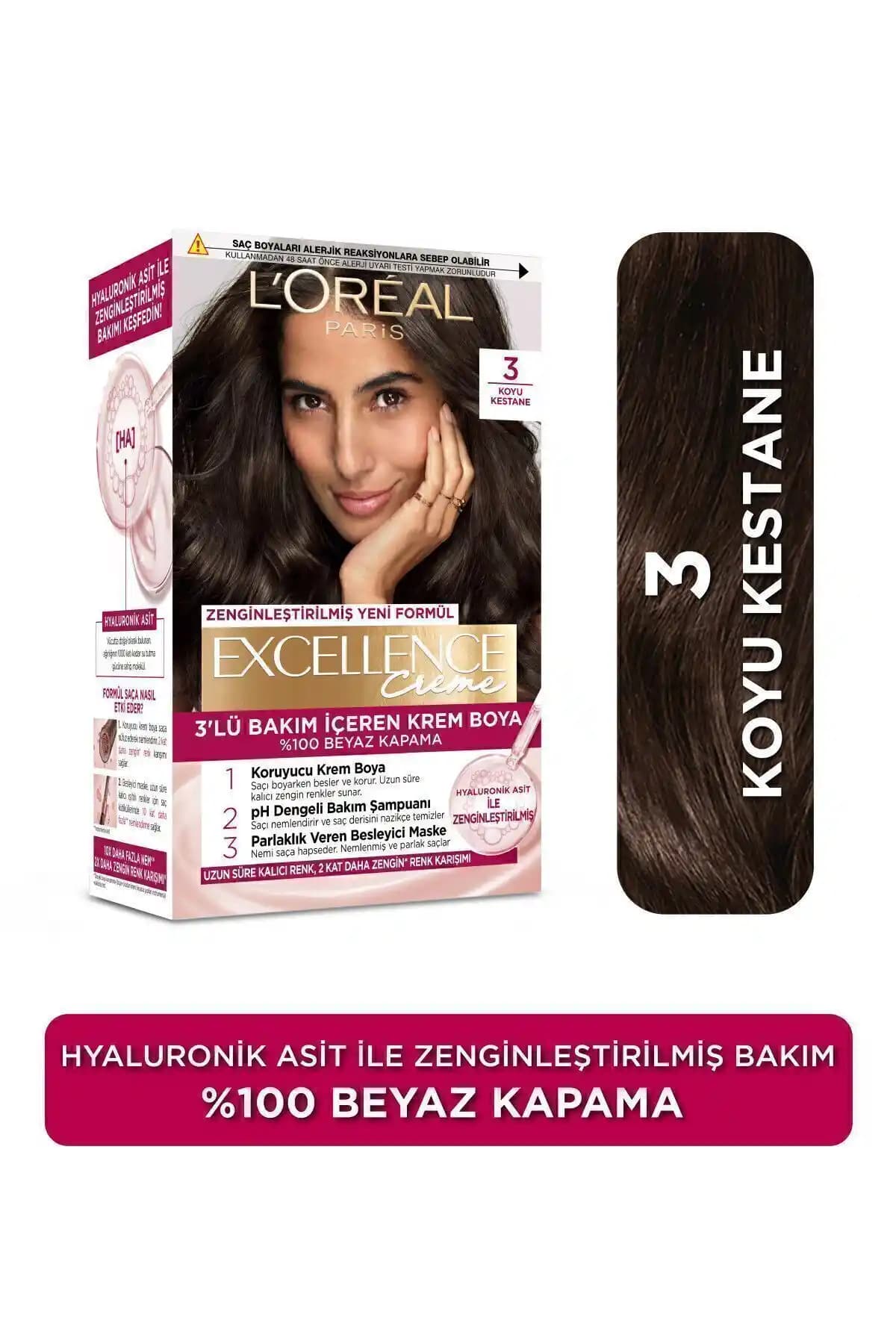 L'Oreal Paris Excellence Creme 3 Koyu Kestane Saç Boyası Güçlü ve Doğal Renk Sağlayan Ürün