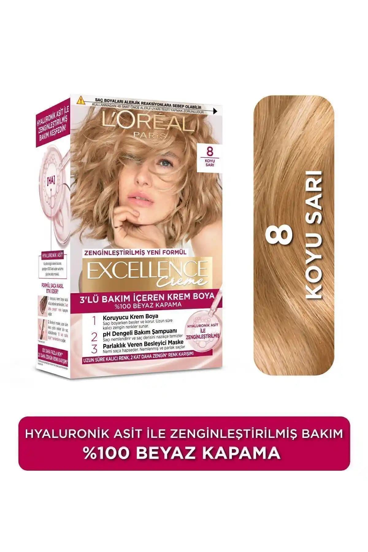 L'Oreal Paris Excellence Creme 8 Koyu Sarı Saç Boyası Kalıcı ve Bakımlı Renk İçin