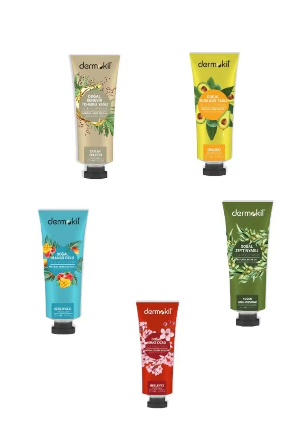 Dermokil 5'li Set: Kenevir Tohumu, Mango, Kiraz, Avokado ve Zeytinyağlı El-Vücut Kremi