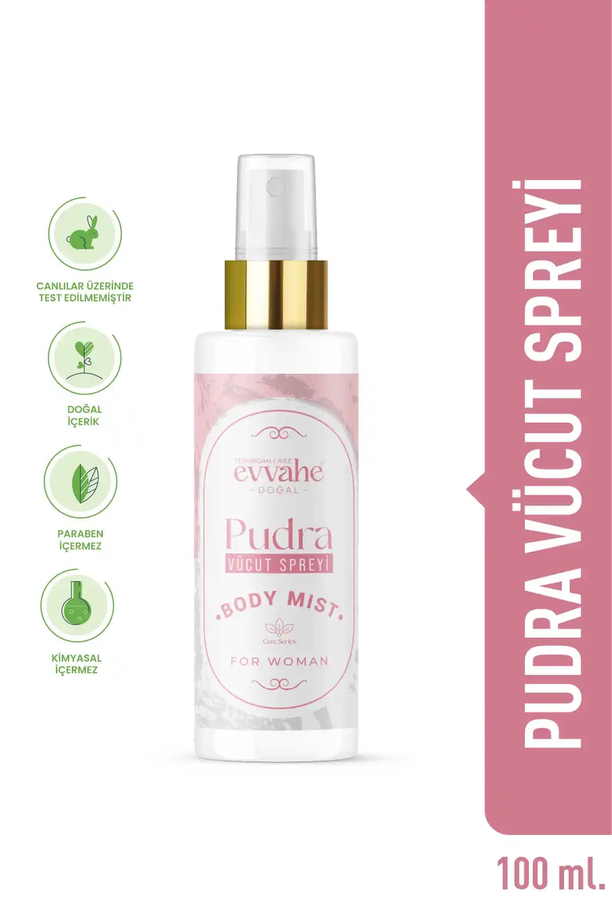 EVVAHE Doğal Pudra Vücut Püskürtme Formu 100 ml – Hafif ferahlık ve pudra kokusu, Türkiye