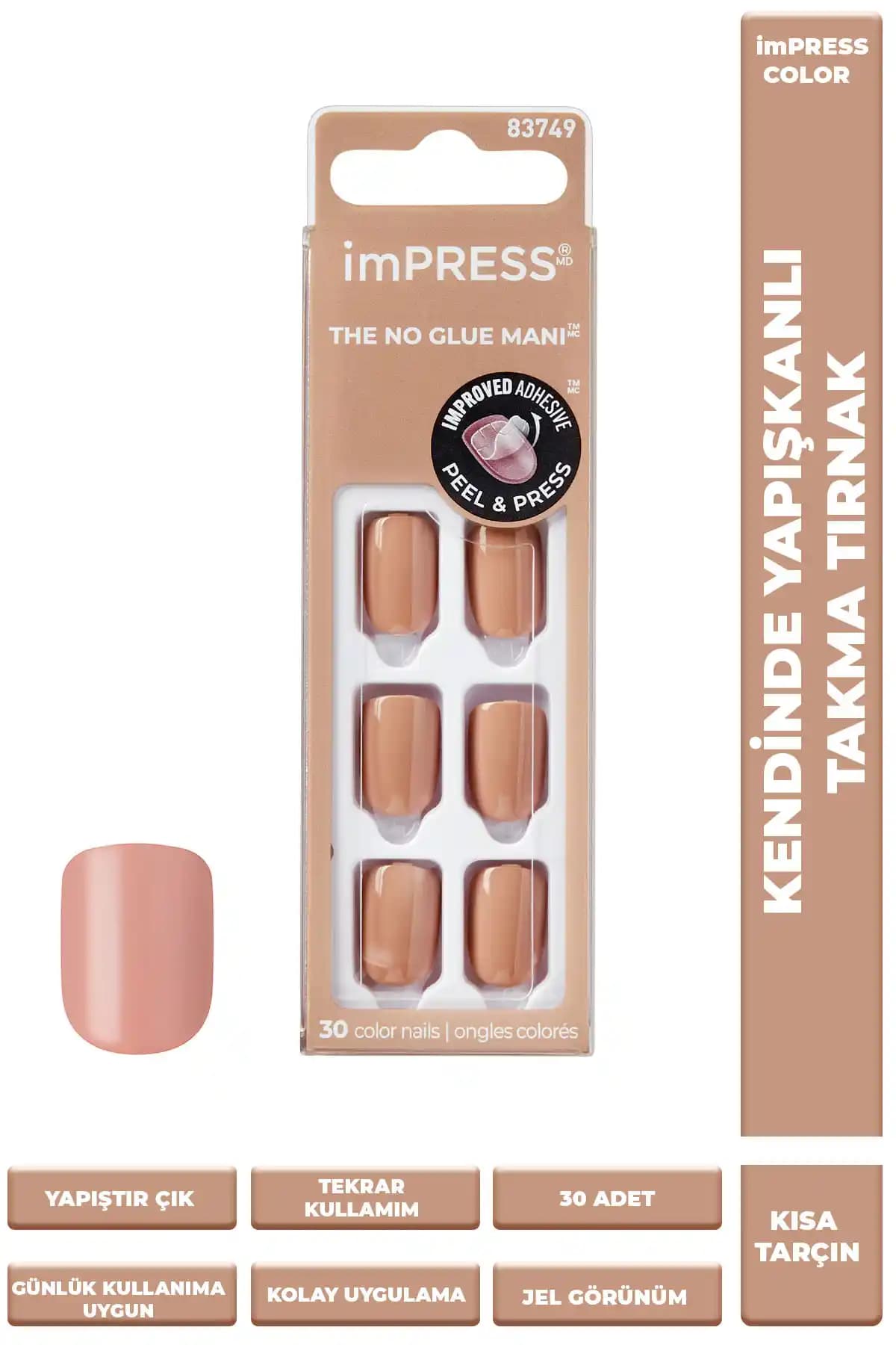 Impress Color Kendinden Yapışkanlı Takma Tırnak: Bej Tarçın Tonunda Kısa, Kolay Uygulama