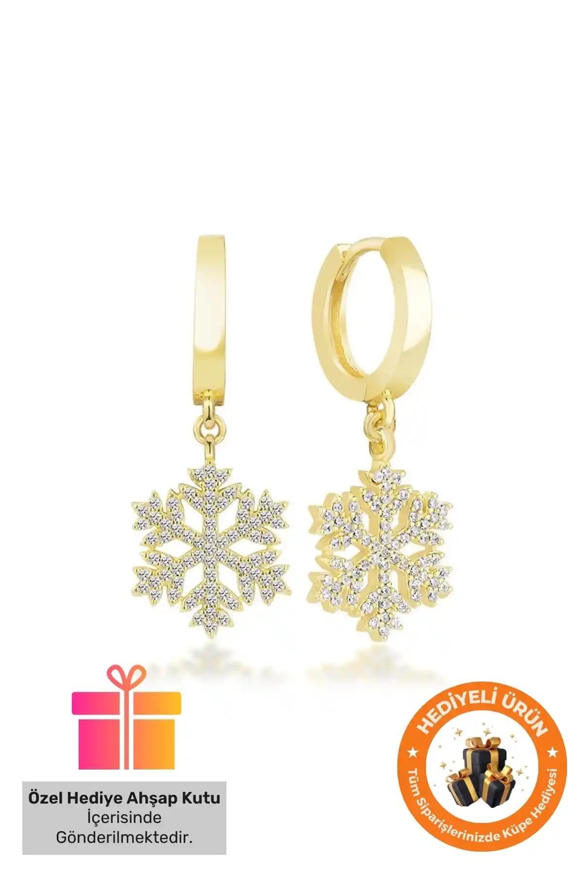 Kar Tanesi Motifli 925 Ayar Gümüş Kaplama Altın Tonlu Küpe - Hediye Kutulu ve Şık Seçim