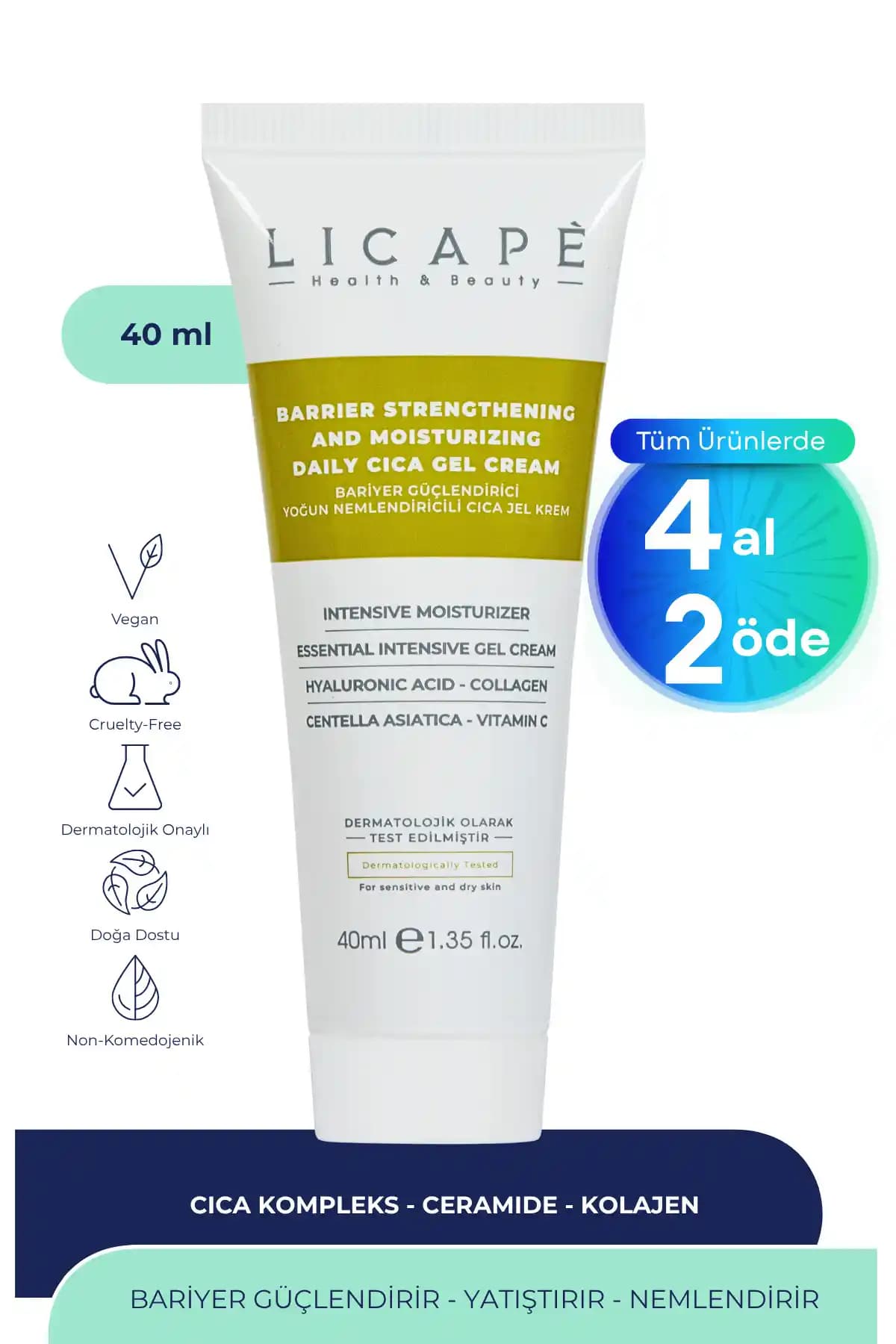 Licape Bariyer Güçlendirici Cica Jel Krem 40 ml: Yoğun Nemlendirme ve Bariyer Desteği