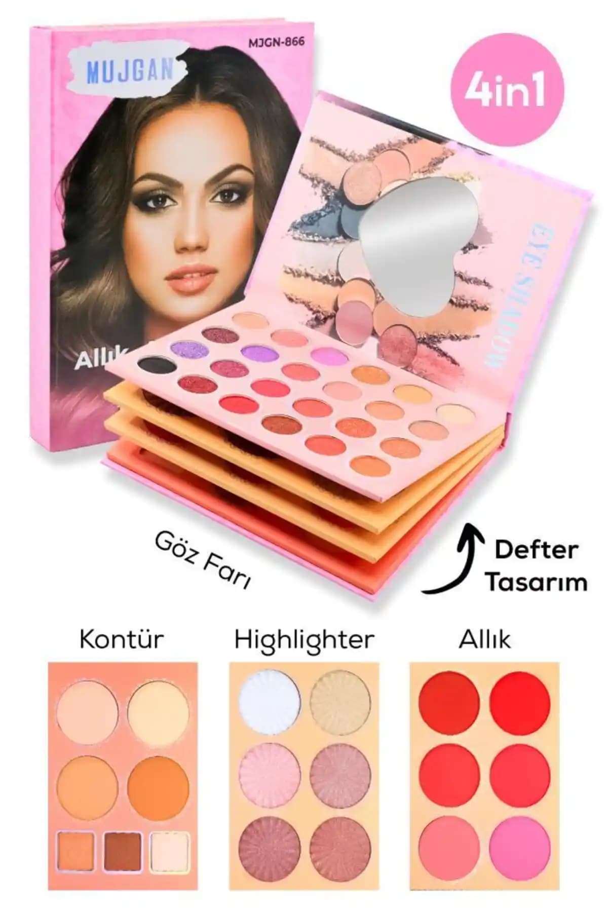 MUJGAN 4’ü 1 Arada Palet: Allık, Aydınlatıcı, Kontür ve Far için Çok Yönlü Set