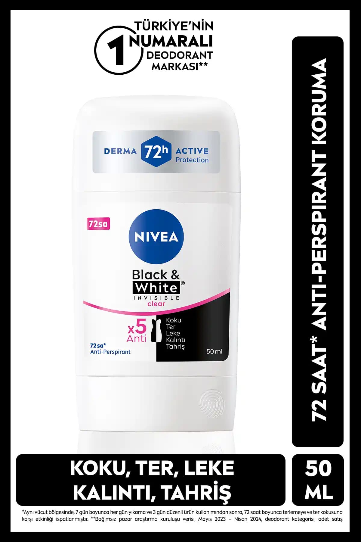 NIVEA Black&White Clear 50 ml Kadın Stick Deodorant: Gün Boyu Ferahlık ve Kıyafet Koruması
