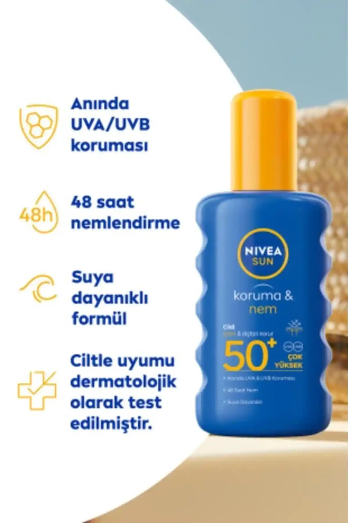 NIVEA SUN SPF50+ Güneş Koruyucu Nemlendirici Vücut Spreyi 200 ml – Suya Dayanıklı, Yağsız