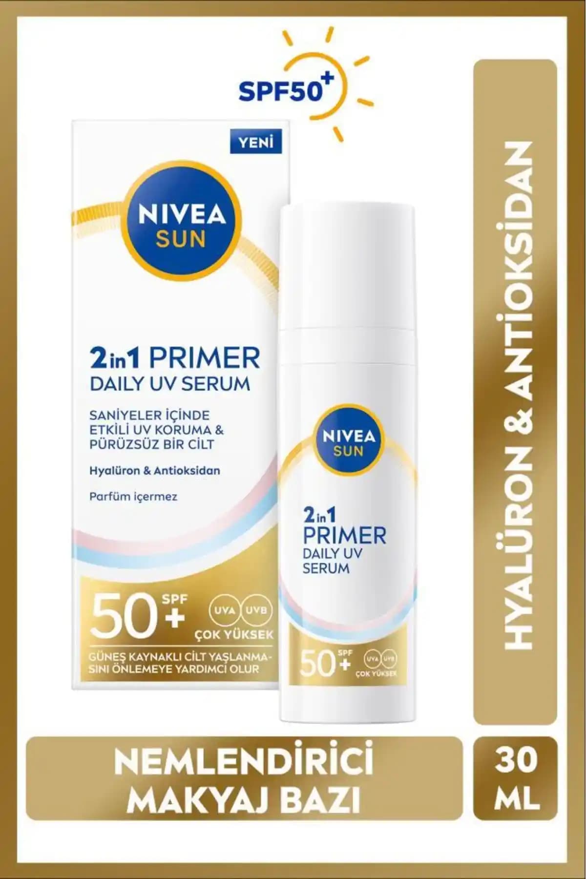 NIVEA SUN SPF50 Primer: Güneş Koruması ve Nemlendirme İçeren Makyaj Bazı (Renksiz, 30 ml)